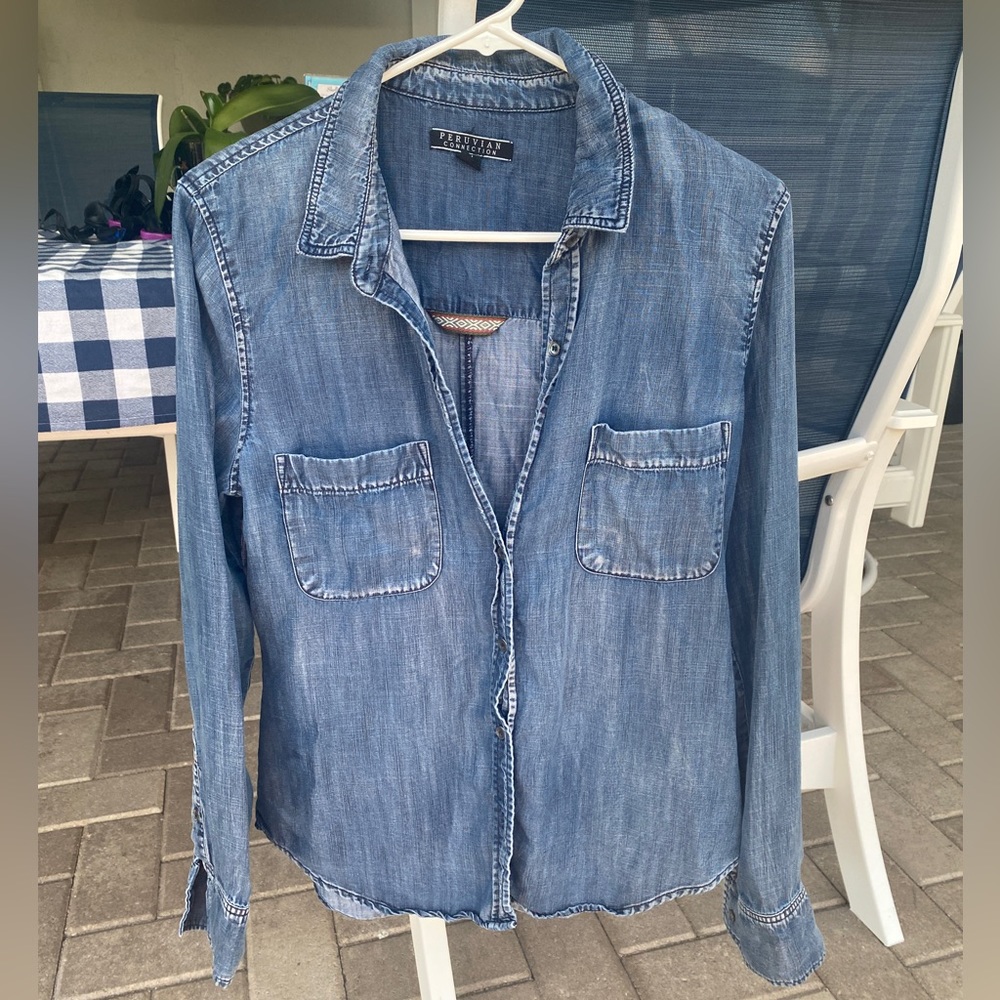 Peruvian Connection denim button up shirt